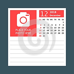 December 2018 calendar. Calendar planner design template. Week s