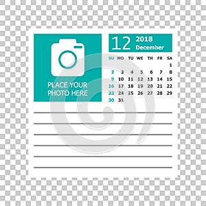 December 2018 calendar. Calendar planner design template. Week s