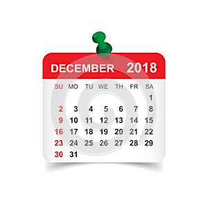 December 2018 calendar. Calendar sticker design template. Week s