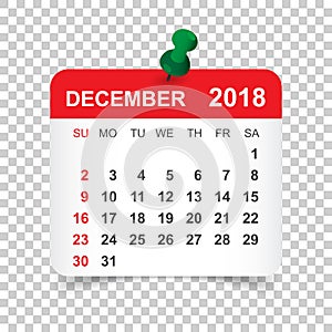 December 2018 calendar. Calendar sticker design template. Week s