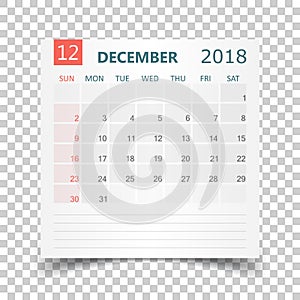 December 2018 calendar. Calendar sticker design template. Week s