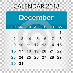 December 2018 calendar. Calendar sticker design template. Week s