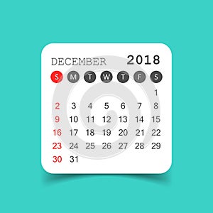 December 2018 calendar. Calendar sticker design template. Week s