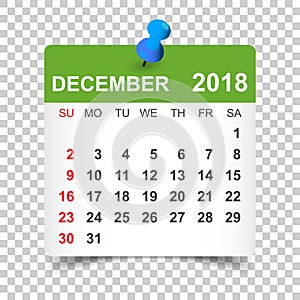 December 2018 calendar. Calendar sticker design template. Week s