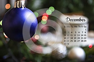 December 2018 calendar with new year eve decoration