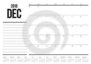 December 2018 planner calendar vector illustration