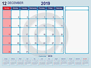 December 2019 Calendar Monthly Planner Design