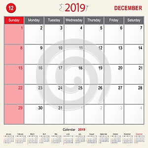 December 2019 Calendar Monthly Planner of Pig Design