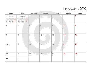 December 2019 simple calendar planner, week starts from Monday