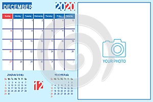 December 2020 Calendar Monthly Planner Design