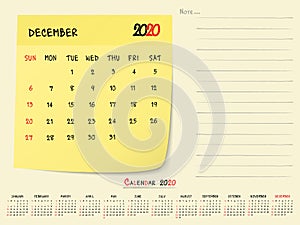 December 2020 Calendar Paper Note Design