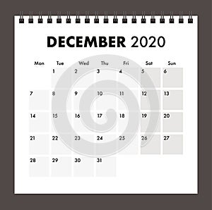 December 2020 calendar with wire band