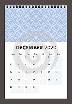 December 2020 calendar with wire band