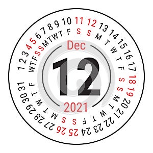 December 2021. Vector English Ñalendar. Round calender. Week starts on Sunday. Design template. Circle. Twelfth month