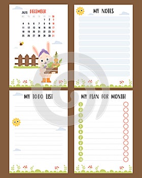 December 2023. Monthly calendar planner with cute rabbit farmer harvesting vegetables. Set vertical a4 page templates to