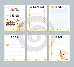 December 2023. Monthly calendar planner with cute rabbit farmer harvesting vegetables. Set vertical page templates to-do