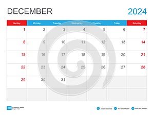 December 2024 template-Calendar 2024 design , Desk Calendar 2024 template, Planner simple, Week starts Sunday, Stationery, Wall