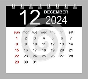 December 2024. Vector monthly calendar template 2024 year in simple style for template design