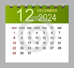 December 2024. Vector monthly calendar template 2024 year in simple style for template design