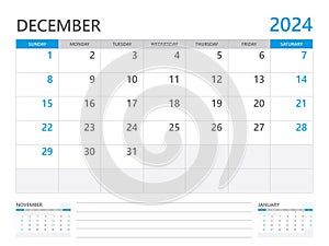 December 2024 year, Calendar planner 2024 and Set of 12 Months, week start on Sunday. Desk calendar 2024 design, simple and clean