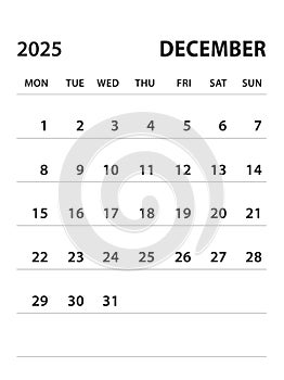 December 2025-Calendar 2025 template vector on white background, week start on monday, Desk calendar 2025 year, Wall calendar