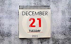 December 21. Calendar on white background. illustration concept