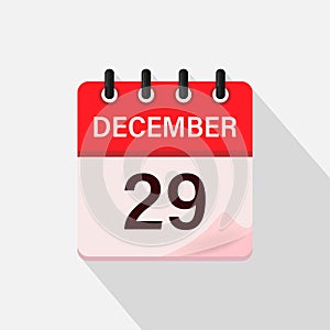 December 29, Calendar icon with shadow. Day, month. Flat vector illustration.