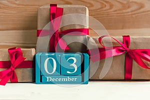 December 3. Blue cube calendar with month and date