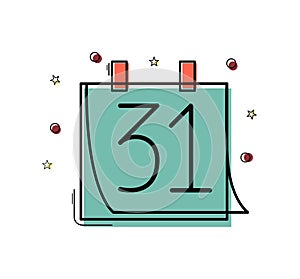 December 31 colorful linear icon. New Year`s Eve outline illustration. Vector calendar art