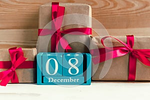 December 8. Blue cube calendar with month and date