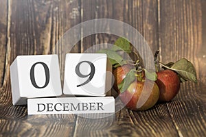 December 9. Day 09 of month. Calendar cube on wooden background with red apples, concept of business and an important event.