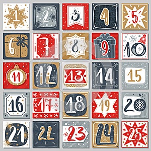 December advent calendar. Christmas poster countdown printable tags numbered poster with xmas ornament, winter postcard