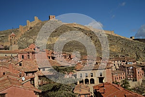 December 28, 2013. Albarracin, Teruel, Aragon, Spain. Views Of The Castle And Medieval Village From The Atrium Of The Cathedral.