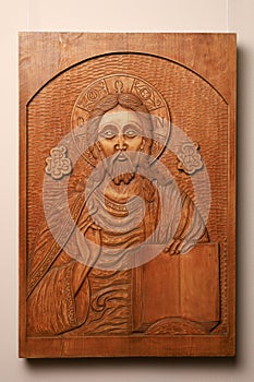 December 5, 2023 Balti Moldova. Wood carved image in icon style. An unusual hobby.