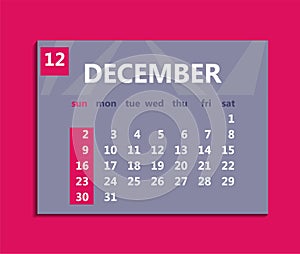 December calendar 2018. Week starts on Sunday. Business vector i