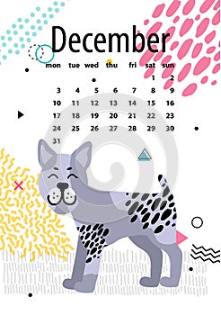 December Calendar for 2018 Year with Bullterrier