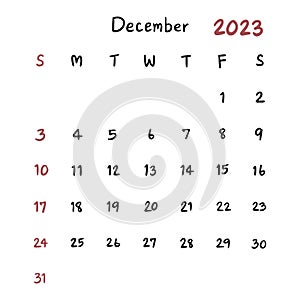 December calendar 2023 hand draw