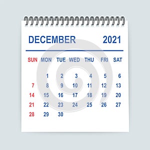 December 2021 Calendar Leaf. Calendar 2021 in flat style. Vector illustration.