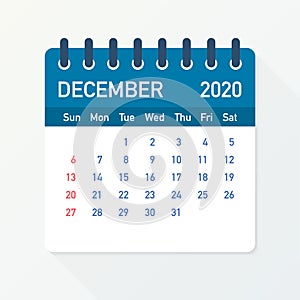 December 2020 Calendar Leaf. Calendar 2020 in flat style. A5 size. Vector illustration. photo