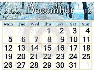 December 2022 Calendar for organizer to plan and reminder on nature background photo