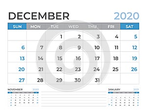 December 2020 Calendar template, Desk calendar layout  Size 8 x 6 inch, planner design, week starts on sunday, stationery design photo