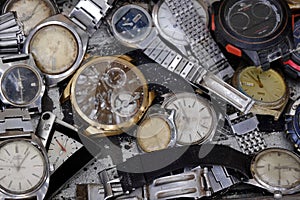 22 December 2023: Close up photos of used watches being sold on the side of the road, Antique watches, clocks