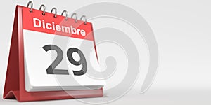 December 29 date written in Spanish on the flip calendar, 3d rendering photo