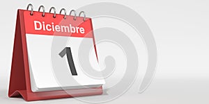 December 1 date written in Spanish on the flip calendar, 3d rendering photo
