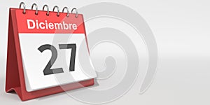 December 27 date written in Spanish on the flip calendar, 3d rendering photo