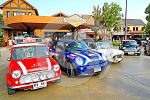 December 16, 2017: Many colorful New and Old Mini cooper car parked at meeting point