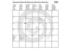 December Multilingual year 2023 calendar