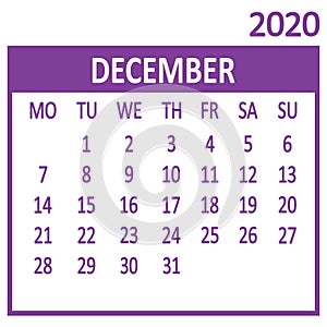 December. Twelfth page of set. Calendar 2020, template. Week starts from Monday. Vector