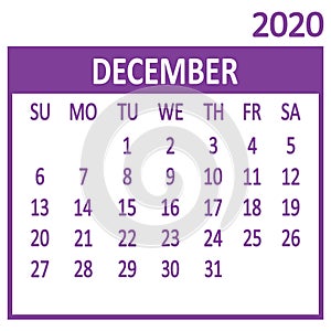 December. Twelfth page of set. Calendar 2020, template. Week starts from Sunday. Vector