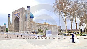 December 2018, Uzbekistan, Samarkand, Registan Square, Madrasa Sherdor `Resident of the Lions`